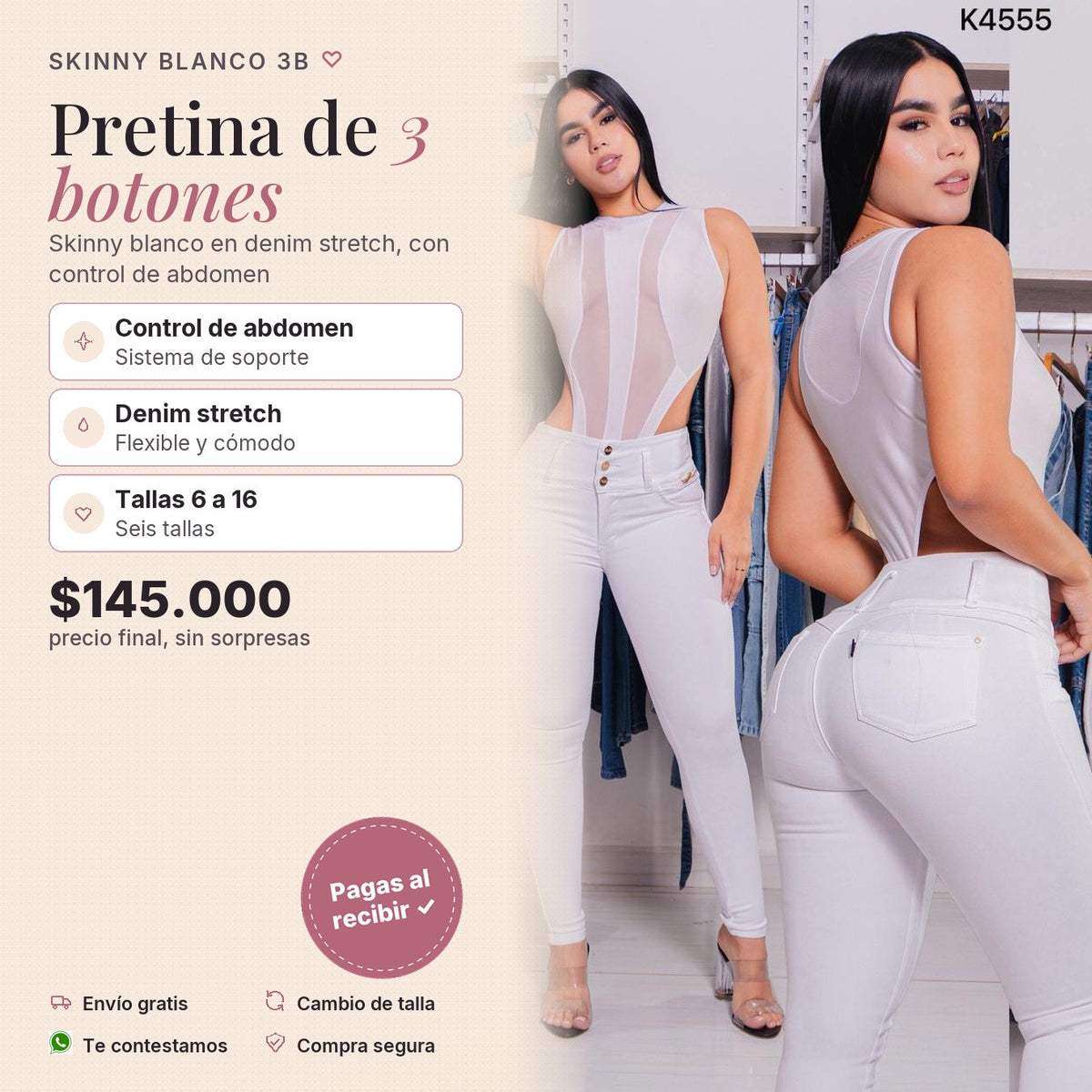 Skinny Blanco Pretina 3 Botones