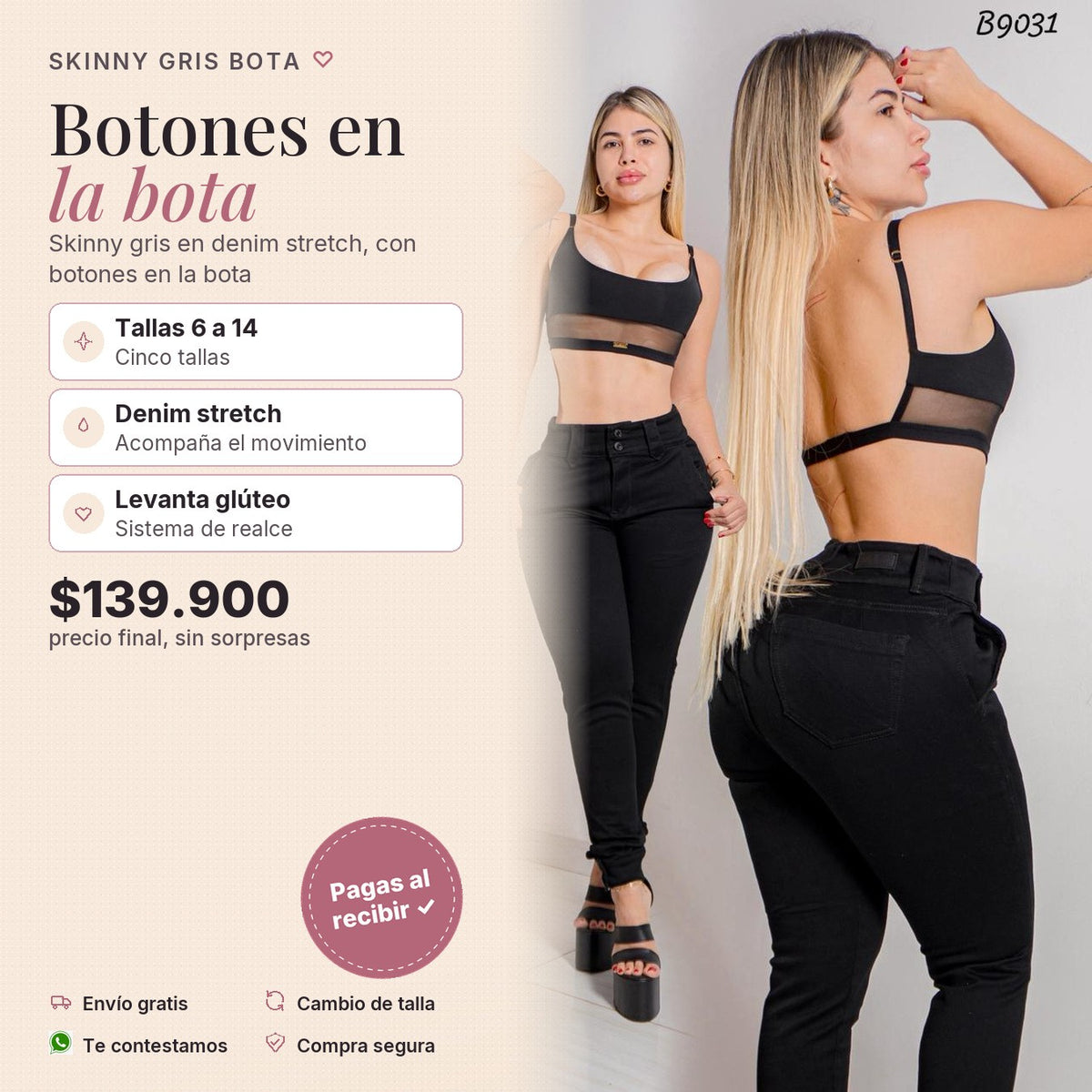 Skinny Gris Botones en la Bota