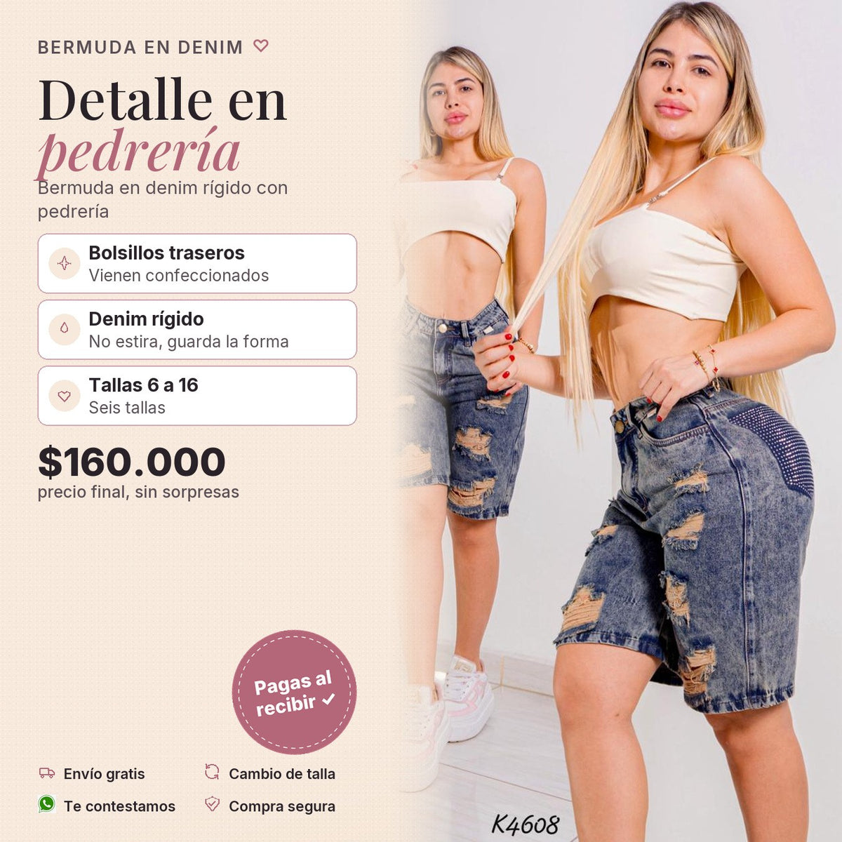 Bermuda Verdosa Pedrería Bolsillo