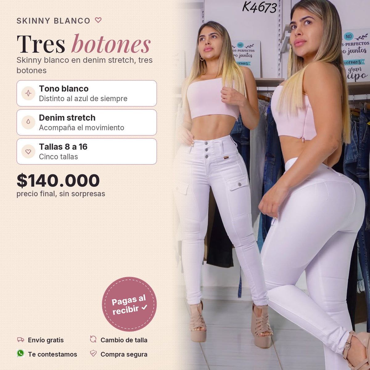 Skinny 3 Botones Blanco Tapas