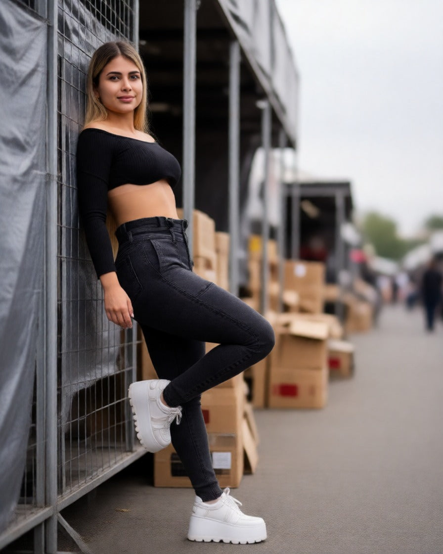 Skinny Denim Gris Pretina Gola