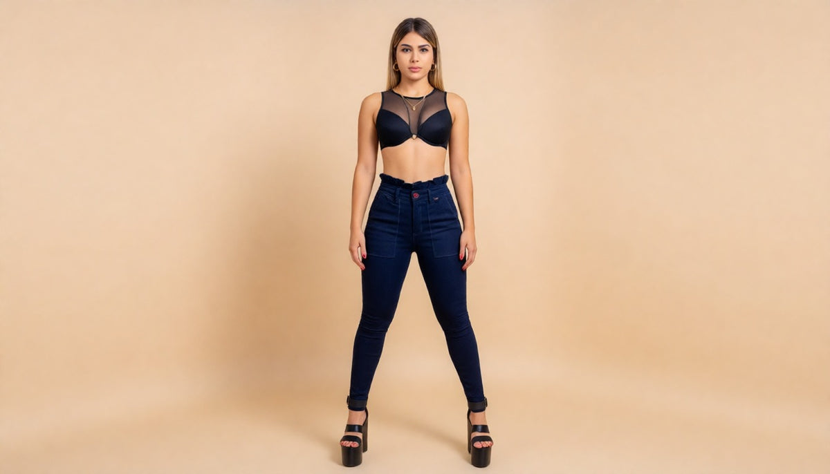 Skinny Azul Fijado Pretina en Gola