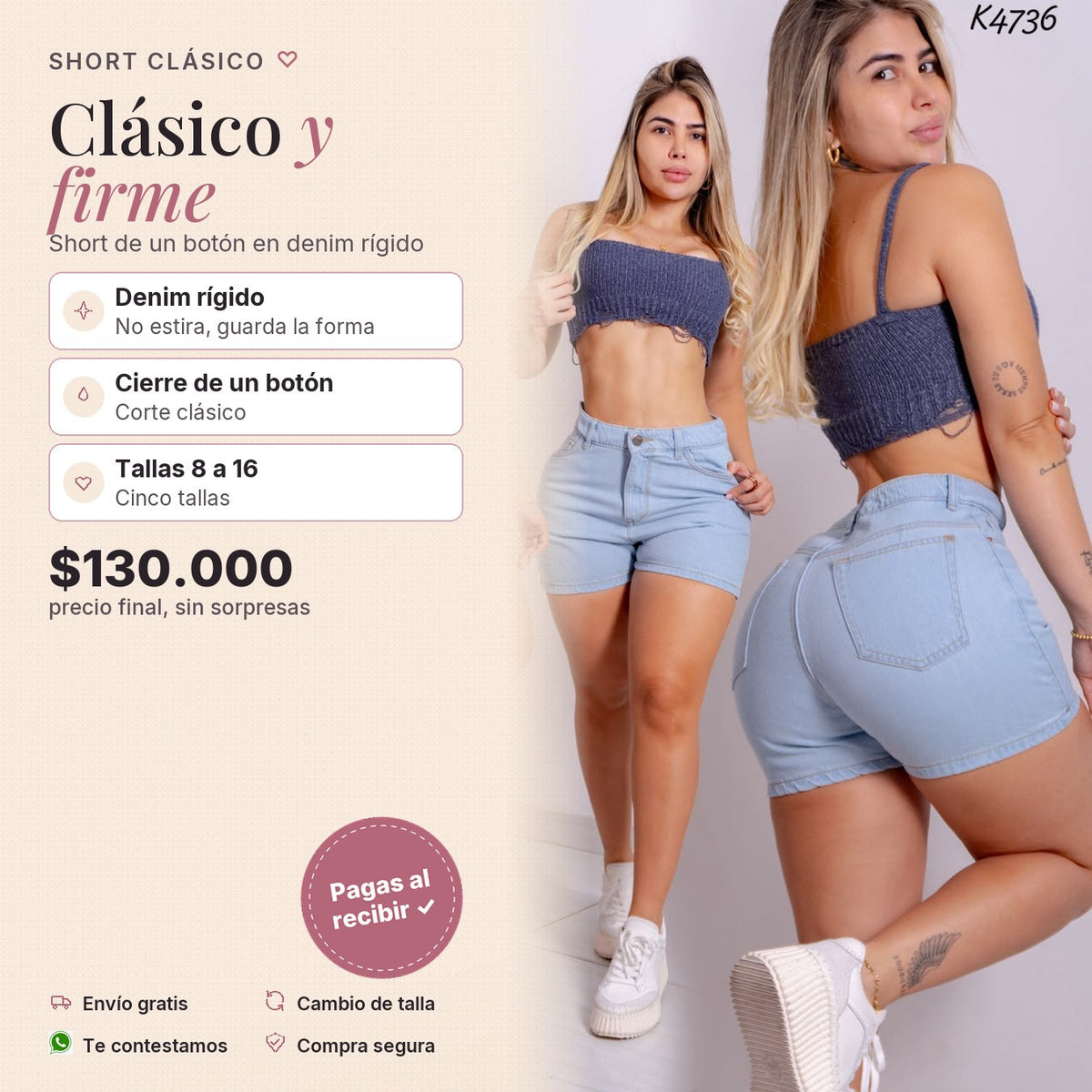 Short 1 Botón Clásico Azul Hielo