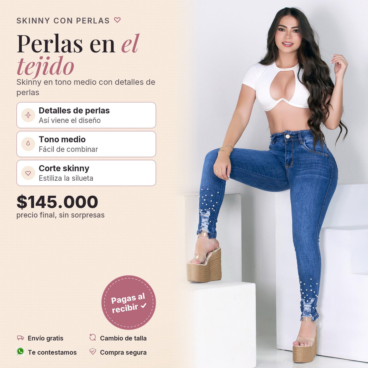 Jean Skinny Tono Medio con Perlas